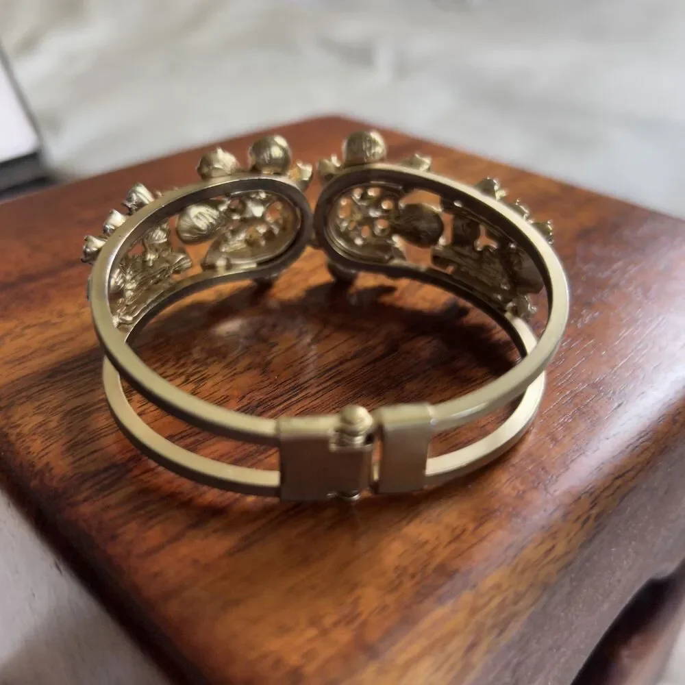 Gold Tone Floral Crystal Hinged Bracelet Rhinestone Flower Cluster Cuff - Picture 5 of 9